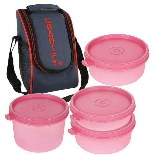 Lunch Box GT-3003 - Plastic Material, 24 cm Length, Color: Pink | 450 ml x1, 300 ml x2, 150 ml x1 Containers, Lunch Box Bag Included