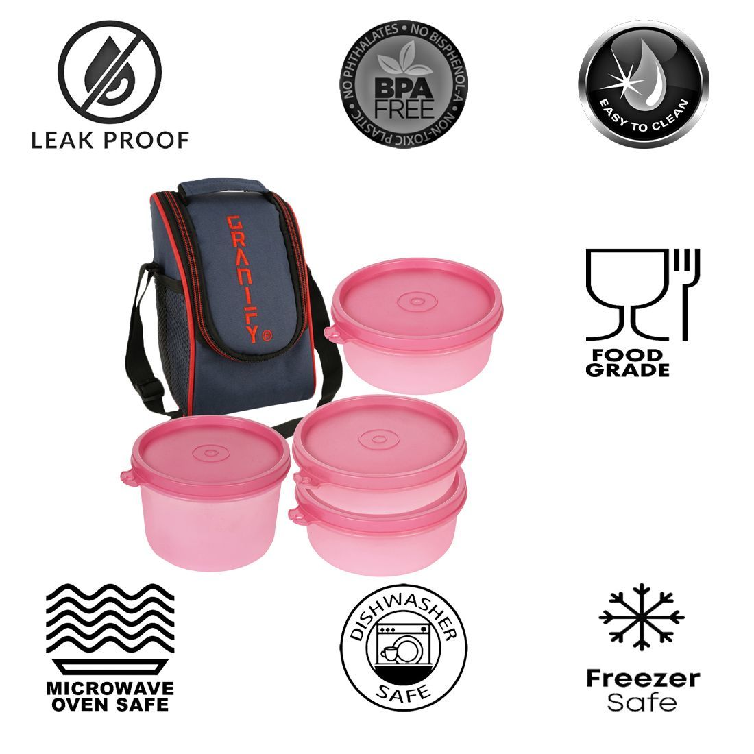 Lunch Box Gt-3003 - Plastic Material, 24 Cm Length, Color: Pink | 450 Ml X1, 300 Ml X2, 150 Ml X1 Containers, Lunch Box Bag Included