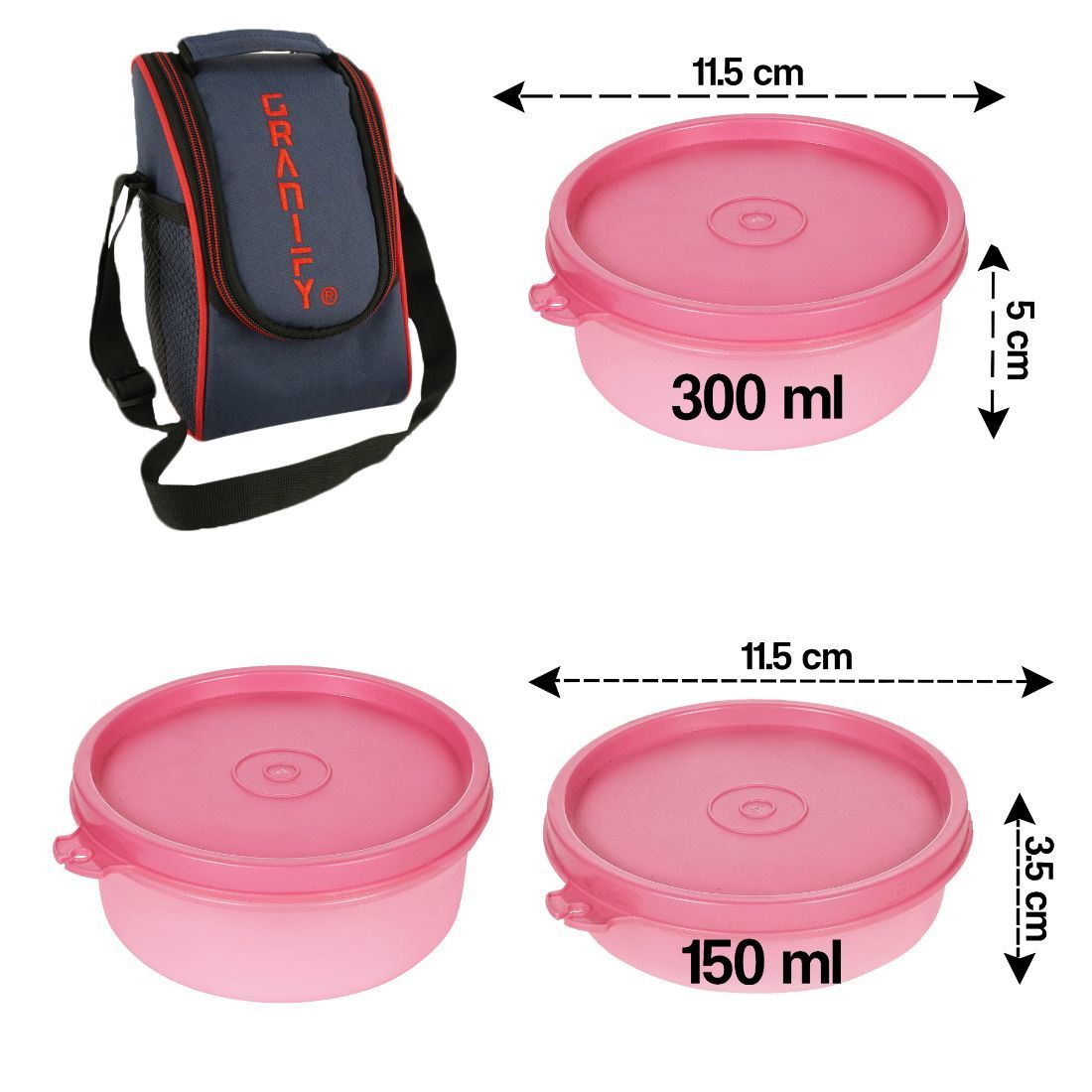 Lunch Box Gt-3003 - Plastic Material, 24 Cm Length, Color: Pink | 450 Ml X1, 300 Ml X2, 150 Ml X1 Containers, Lunch Box Bag Included