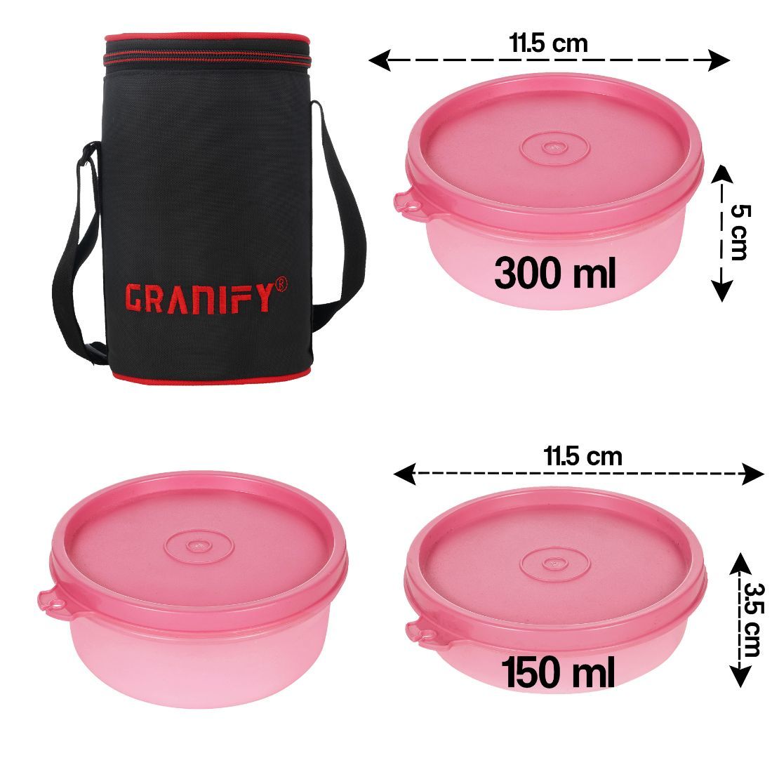 Lunch Box Gt-4003 - Round Plastic Containers Set (450 Ml X1, 300 Ml X2, 150 Ml X1) , Pink Lunch Box Bag Included, 24 Cm Long, Weighs 500 G