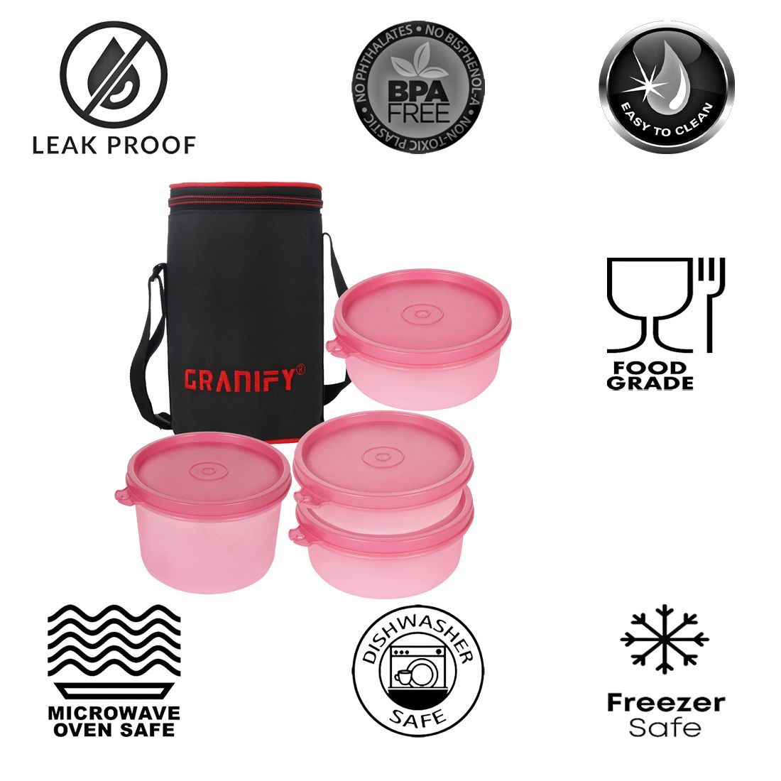 Lunch Box Gt-4003 - Round Plastic Containers Set (450 Ml X1, 300 Ml X2, 150 Ml X1) , Pink Lunch Box Bag Included, 24 Cm Long, Weighs 500 G