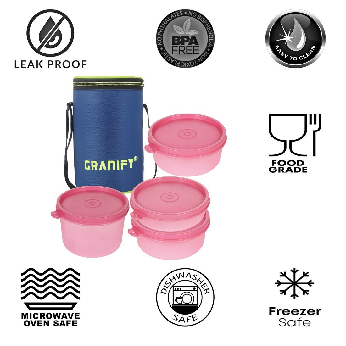 Lunch Box Gt-5003 - Plastic Material , 24 Cm Length , Pink Color , Includes 4 Round Containers And Lunch Bag