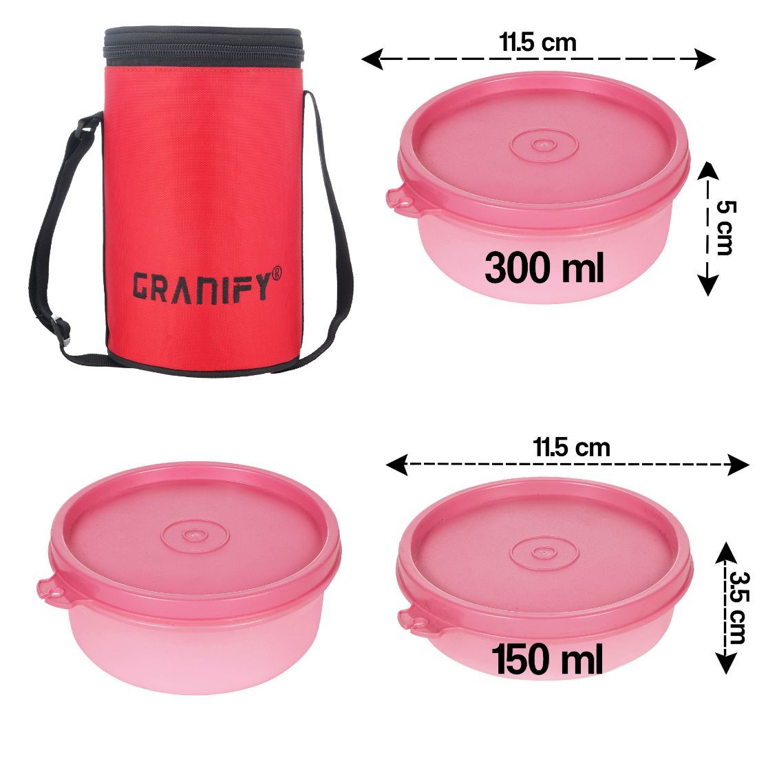 Lunch Box Gt-6003 - Plastic Lunch Box Set 450 Ml, 300 Ml & 150 Ml Containers, Pink Color, Includes Lunch Box Bag, Perfect For Meal Prep And Storage
