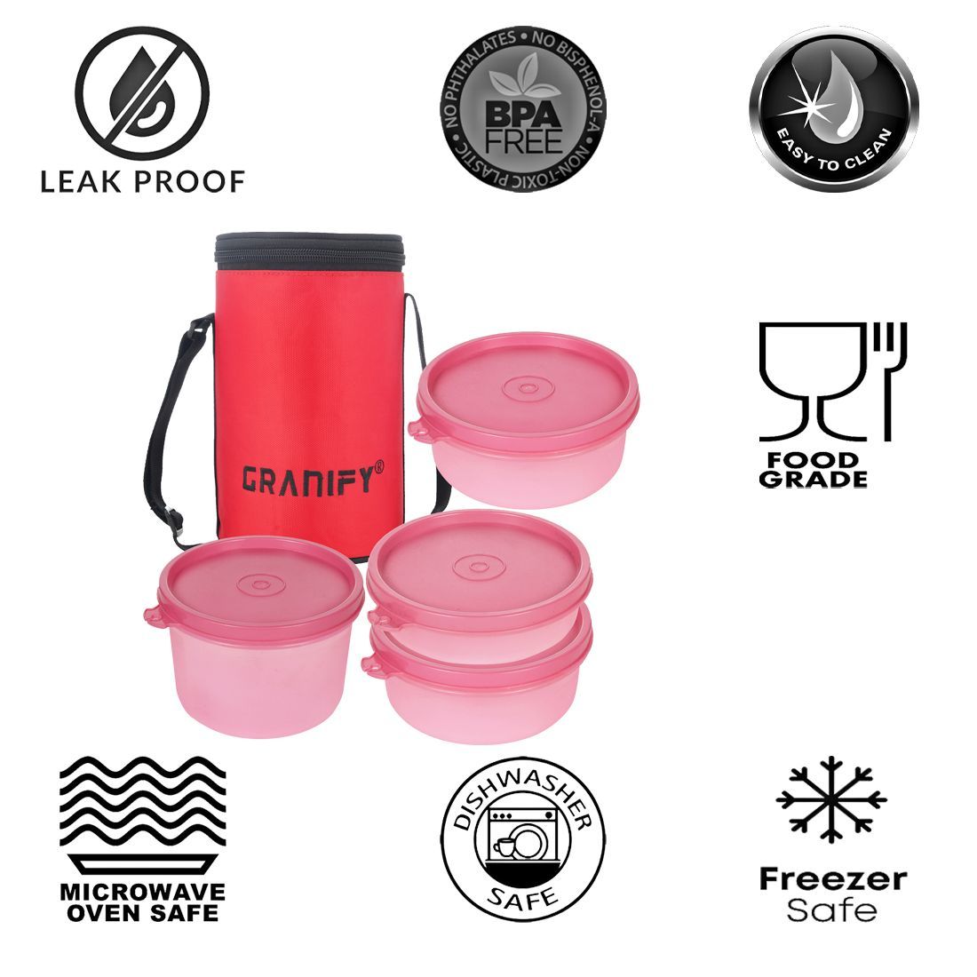 Lunch Box Gt-6003 - Plastic Lunch Box Set 450 Ml, 300 Ml & 150 Ml Containers, Pink Color, Includes Lunch Box Bag, Perfect For Meal Prep And Storage