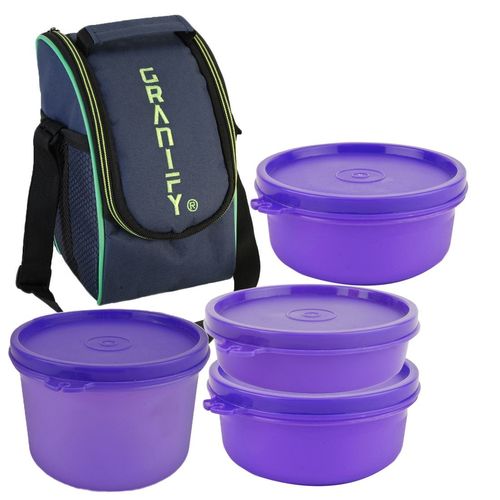 Lunch Box GT-2004 - Plastic Material, 24 cm Length, Purple Color | Includes 4 Round Containers and Lunch Bag