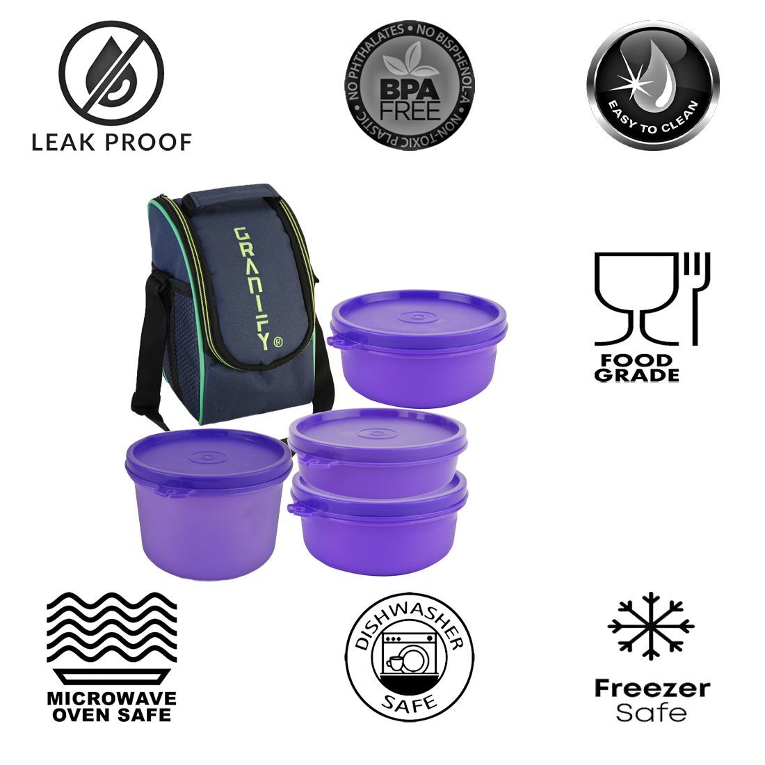 Lunch Box Gt-2004 - Plastic Material, 24 Cm Length, Purple Color | Includes 4 Round Containers And Lunch Bag
