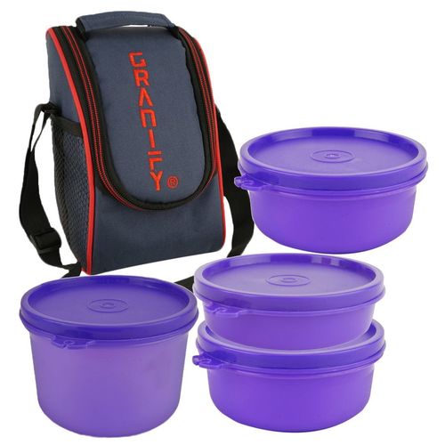 Lunch Box GT-3004 - Plastic, 24 cm Length, Purple | Includes 1x 450 ml, 2x 300 ml, 1x 150 ml Containers, Lunch Box Bag, 500 g Weight