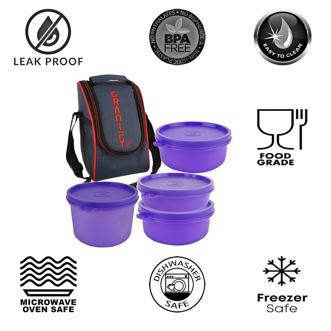 Lunch Box Gt-3004 - Plastic, 24 Cm Length, Purple | Includes 1x 450 Ml, 2x 300 Ml, 1x 150 Ml Containers, Lunch Box Bag, 500 G Weight