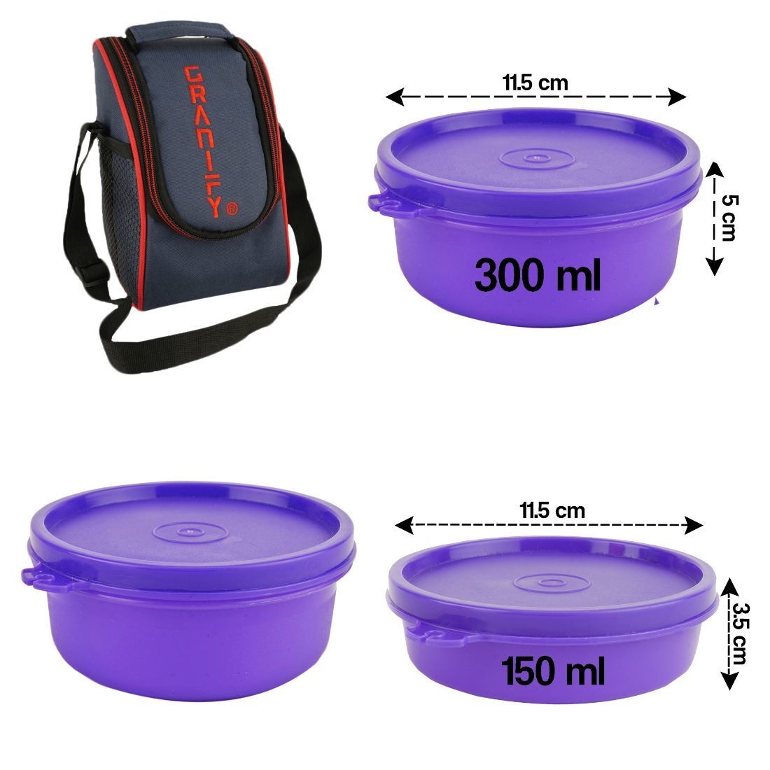 Lunch Box Gt-3004 - Plastic, 24 Cm Length, Purple | Includes 1x 450 Ml, 2x 300 Ml, 1x 150 Ml Containers, Lunch Box Bag, 500 G Weight