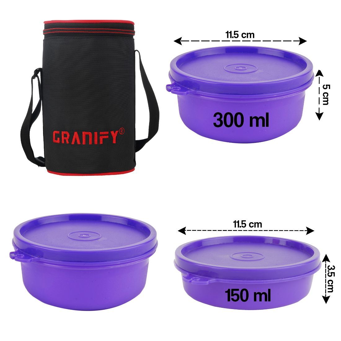 Lunch Box Gt-4004 - Plastic, 24 Cm, Purple | Includes 1 X 450ml, 2 X 300ml, 1 X 150ml Round Containers, Lunch Bag, 500g Weight