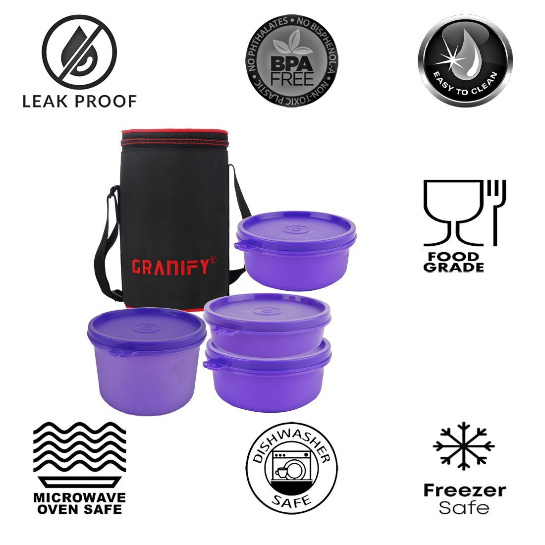 Lunch Box Gt-4004 - Plastic, 24 Cm, Purple | Includes 1 X 450ml, 2 X 300ml, 1 X 150ml Round Containers, Lunch Bag, 500g Weight