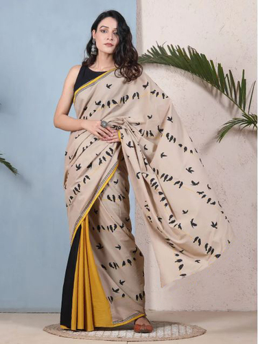 Cream Ladies Modern Print Saree