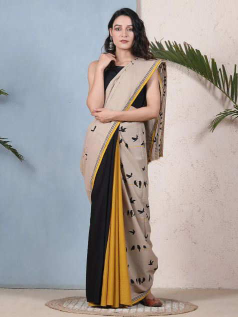 Cream Ladies Modern Print Saree