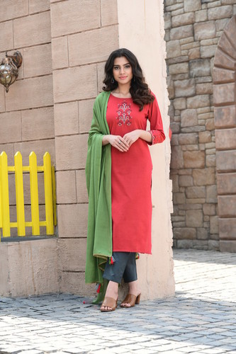 Red Ladies Cotton Pant Kurta Suit