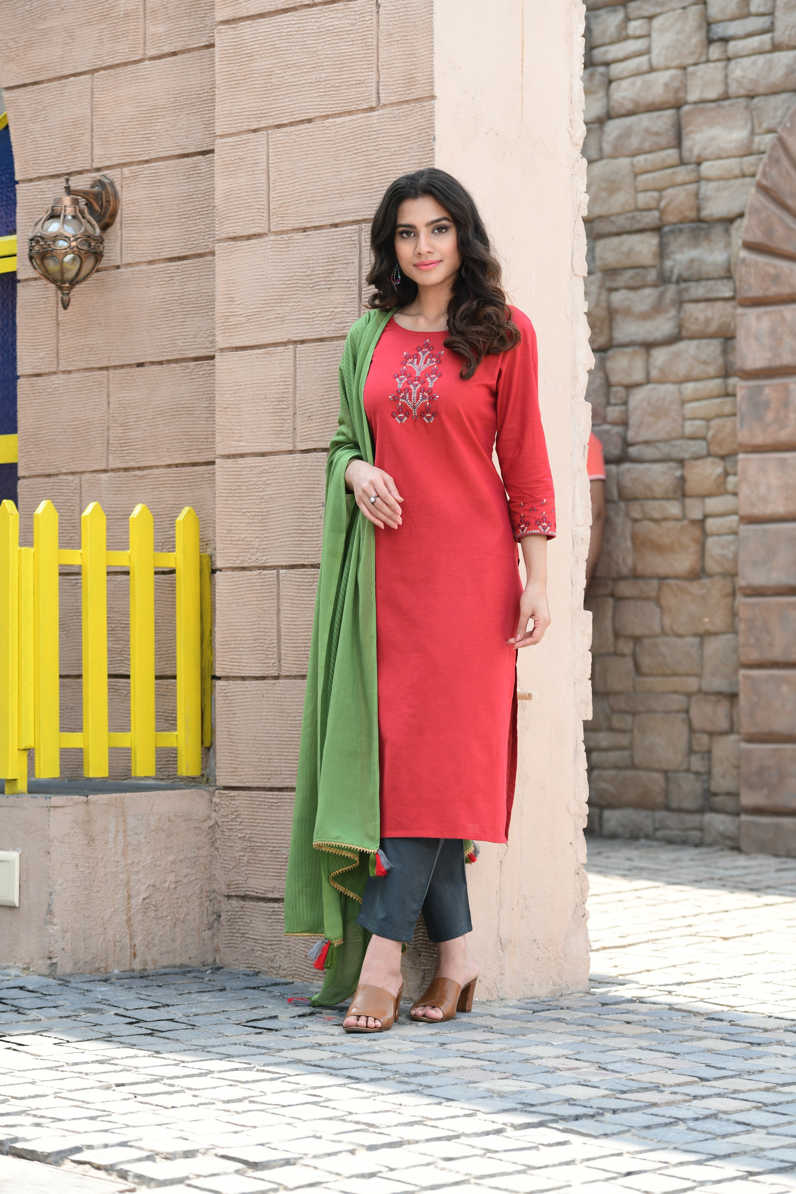 Red Ladies Cotton Pant Kurta Suit