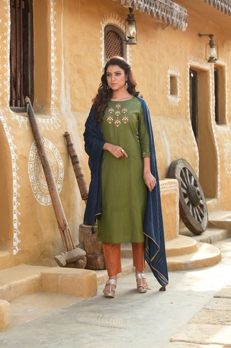 Green Designer Readymade Pant Kameez Dupatta Set