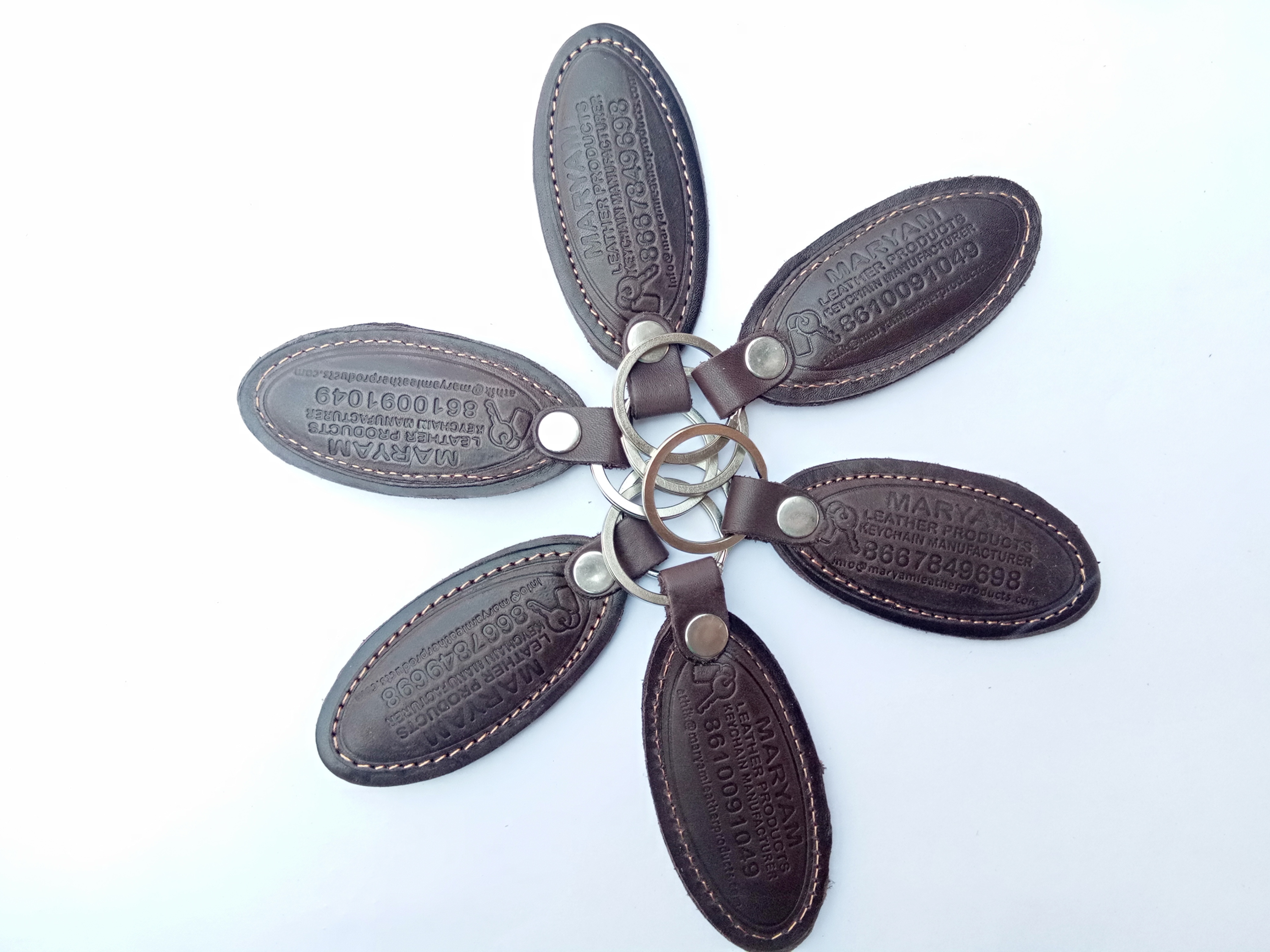 Ml-fo-002 Dark Brown Leather Keychains - Leather Material, 4mm Foam Inner, 24mm Ring, 10mm Flat Rivet, Beige Nylon Stitch | Custom Handcrafted For Corporate Gifts, Employee Engagement