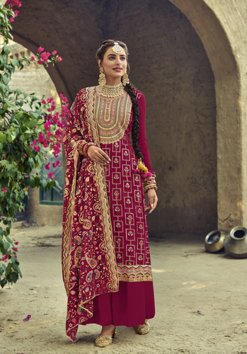 Red Faux Georgette Palazzo Suit