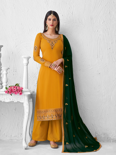 Yellow Georgette With Chain Stitch Embroidery Palazzo Suit