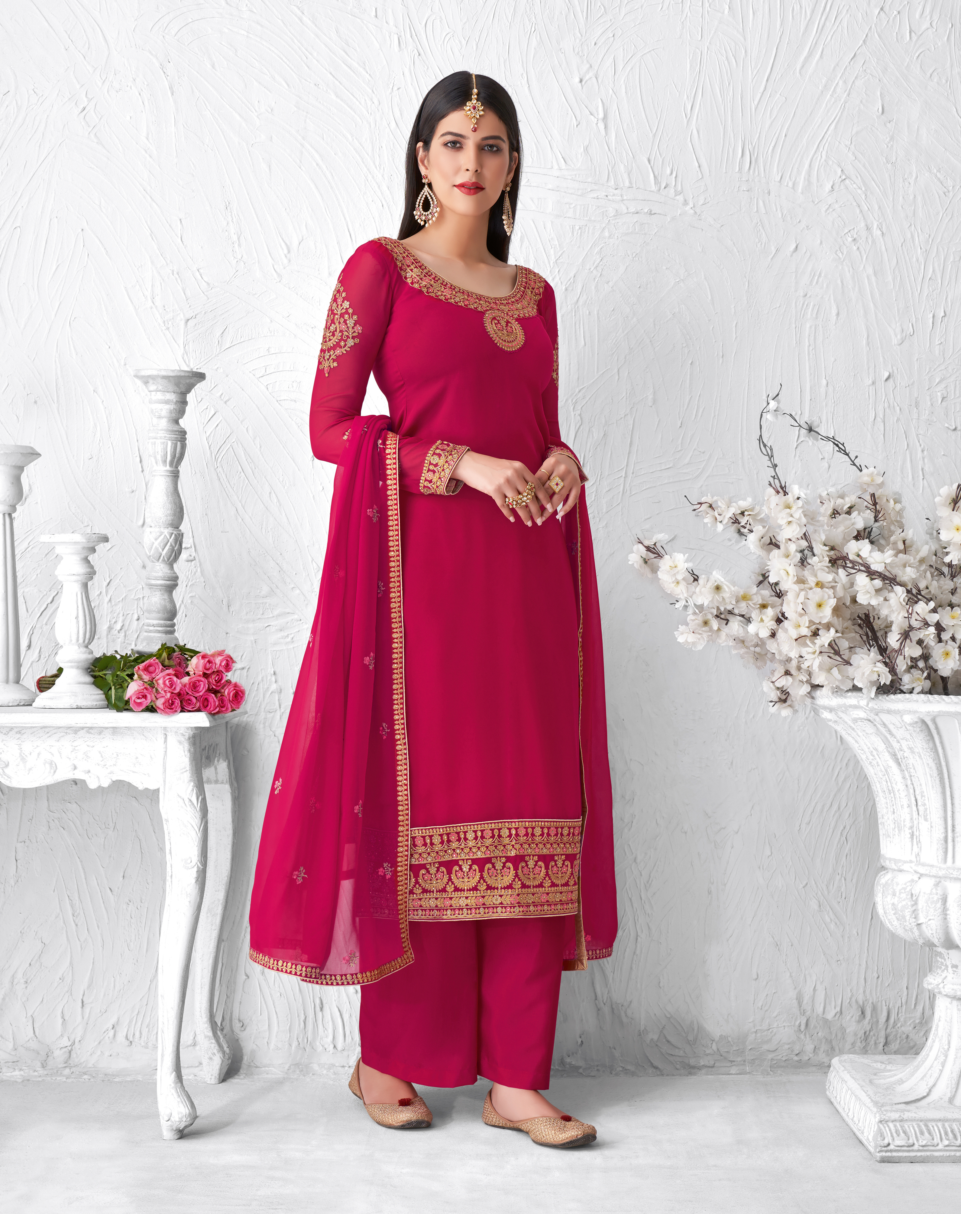 Yellow Georgette With Chain Stitch Embroidery Palazzo Suit