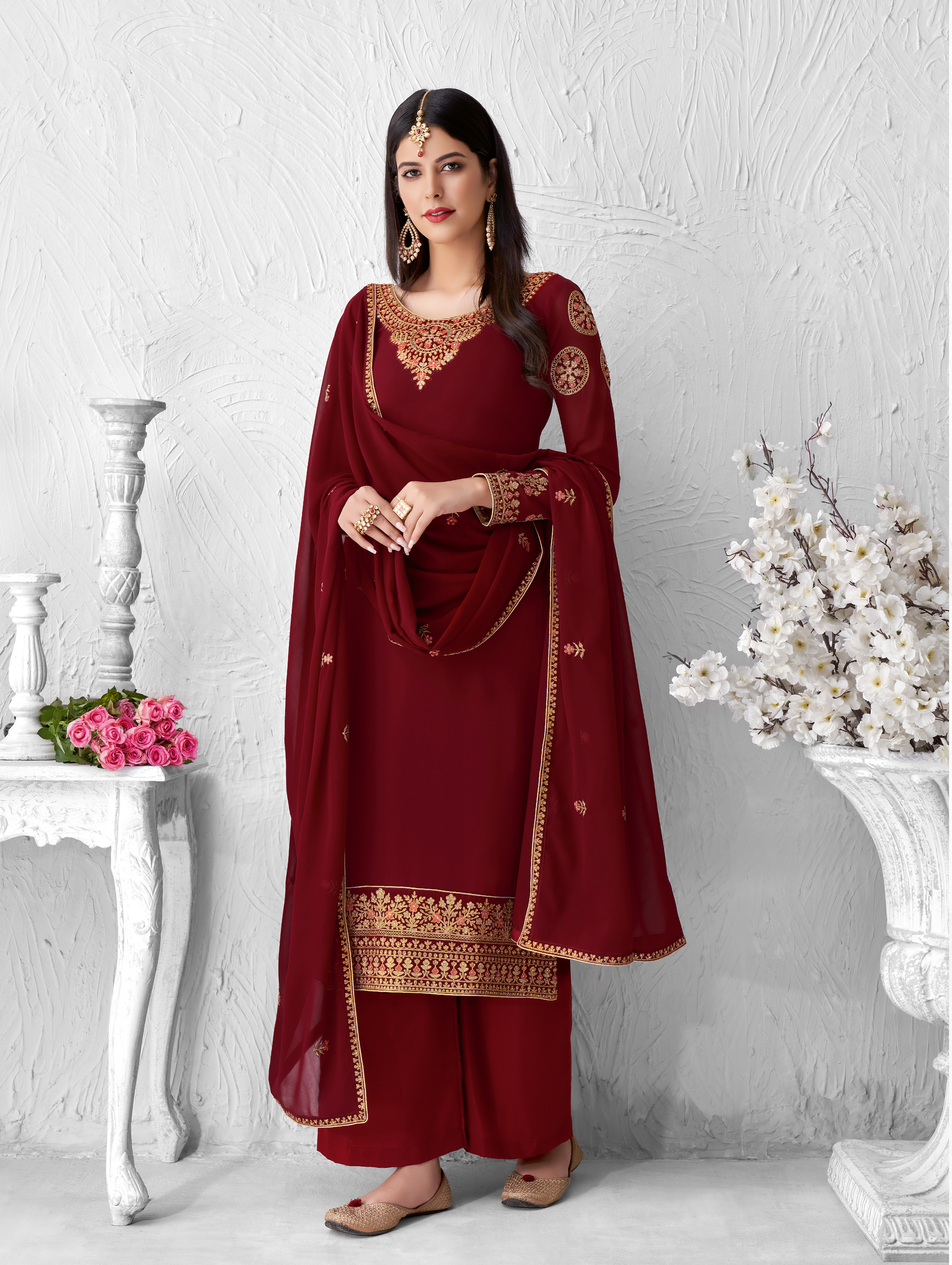 Yellow Georgette With Chain Stitch Embroidery Palazzo Suit
