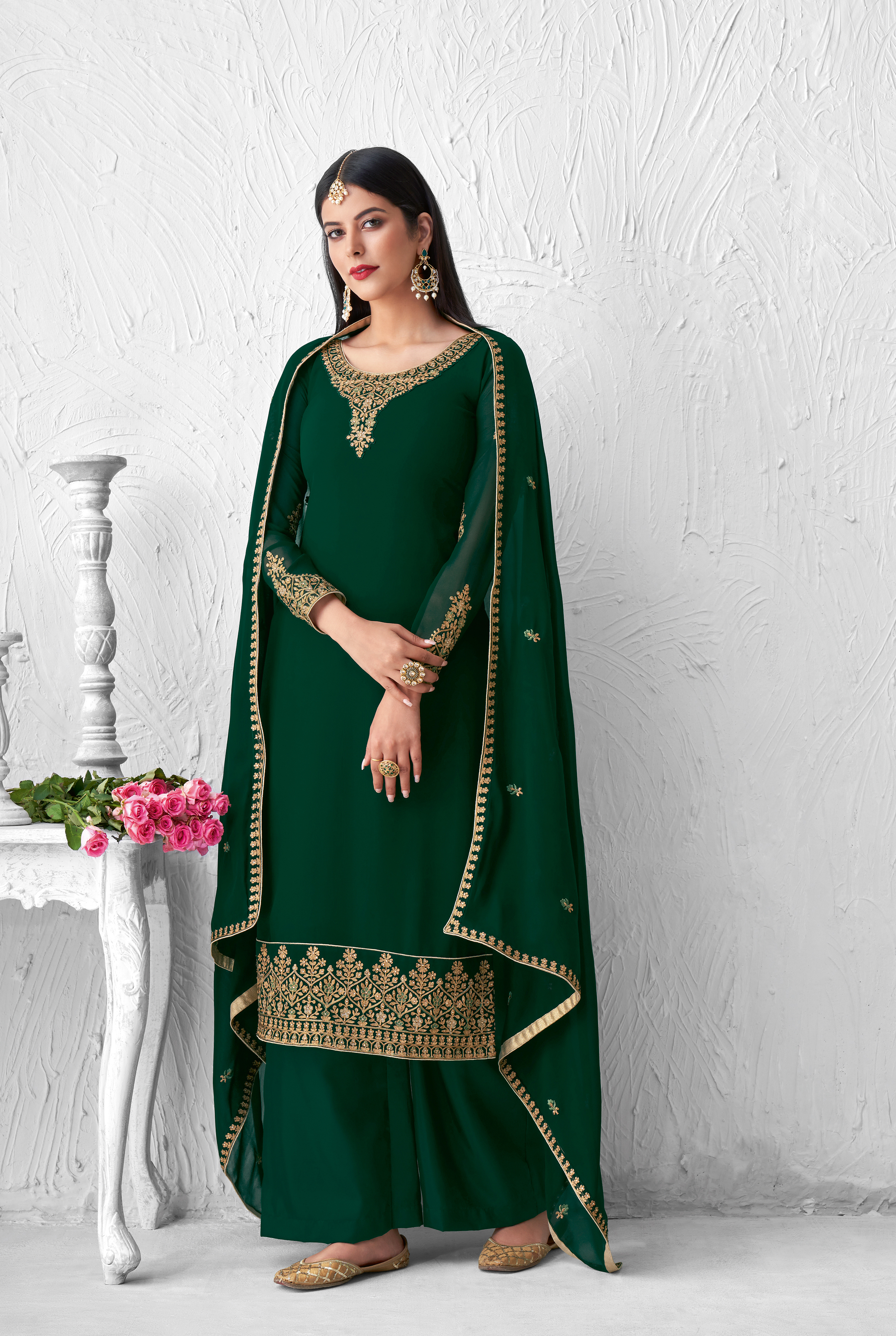 Yellow Georgette With Chain Stitch Embroidery Palazzo Suit