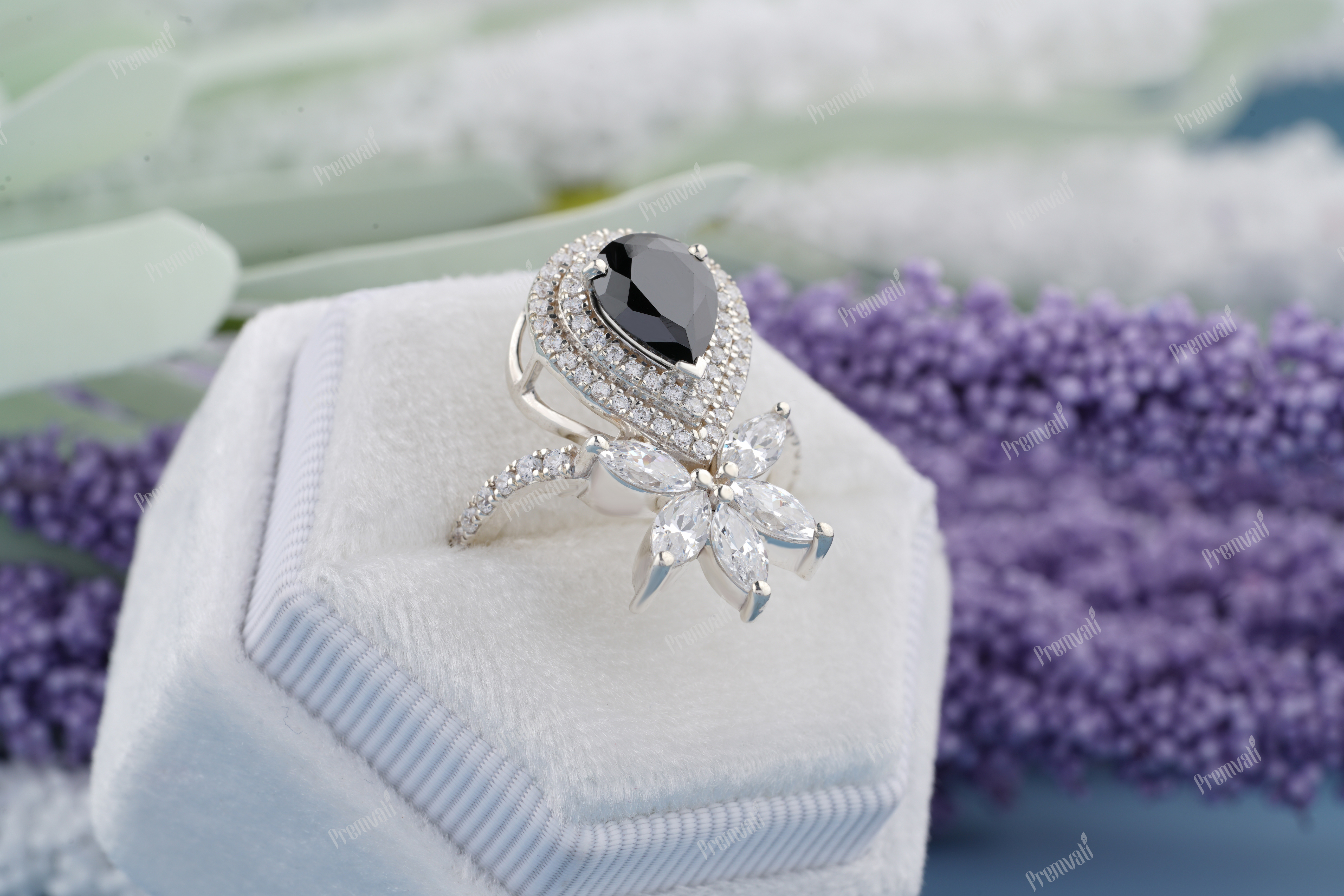 Pear Shaped Black Onyx Engagement Ring - White Gold Halo, Vintage Style With Twisted Diamond Accents And Vvs1 Clarity