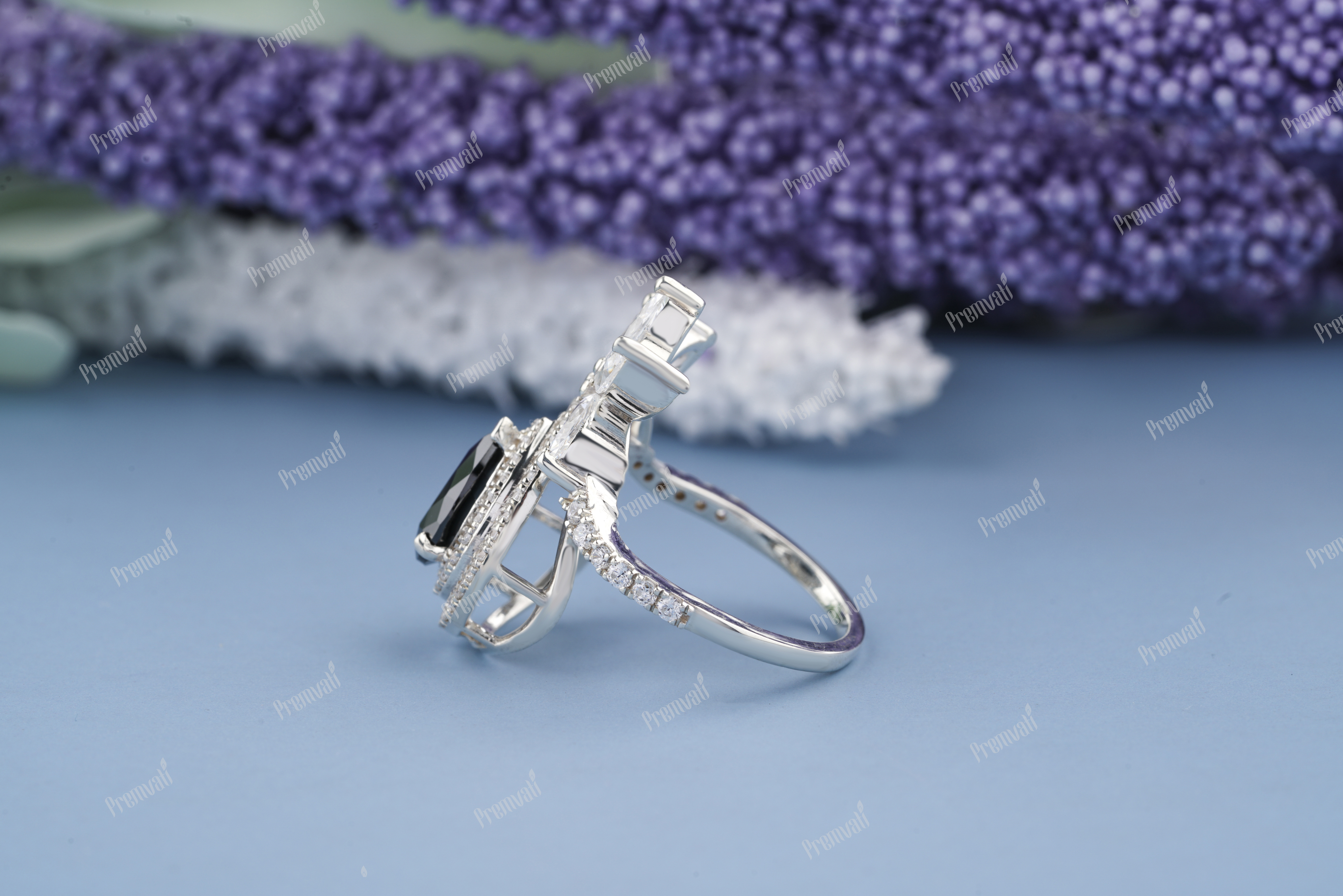 Pear Shaped Black Onyx Engagement Ring - White Gold Halo, Vintage Style With Twisted Diamond Accents And Vvs1 Clarity