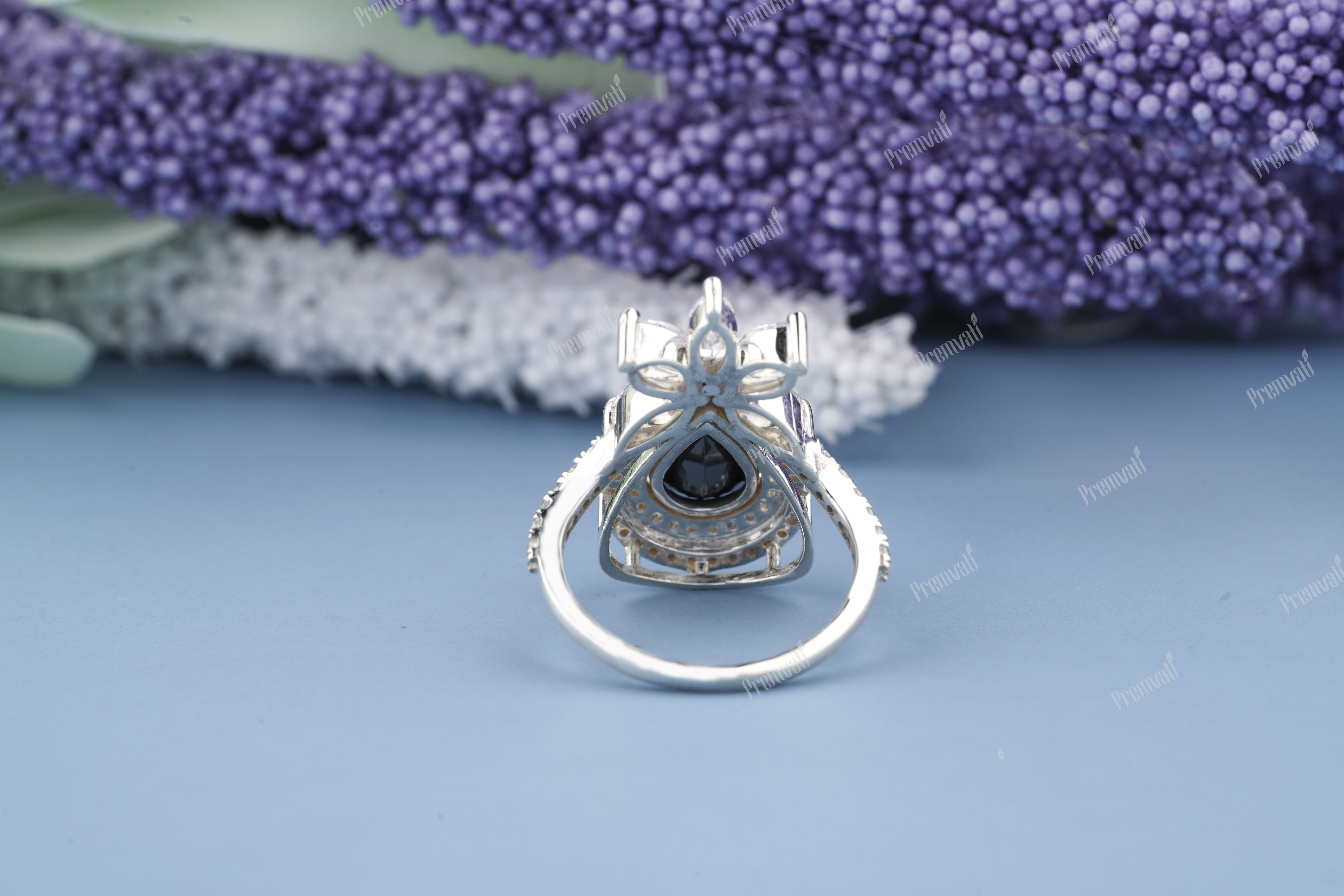 Pear Shaped Black Onyx Engagement Ring - White Gold Halo, Vintage Style With Twisted Diamond Accents And Vvs1 Clarity