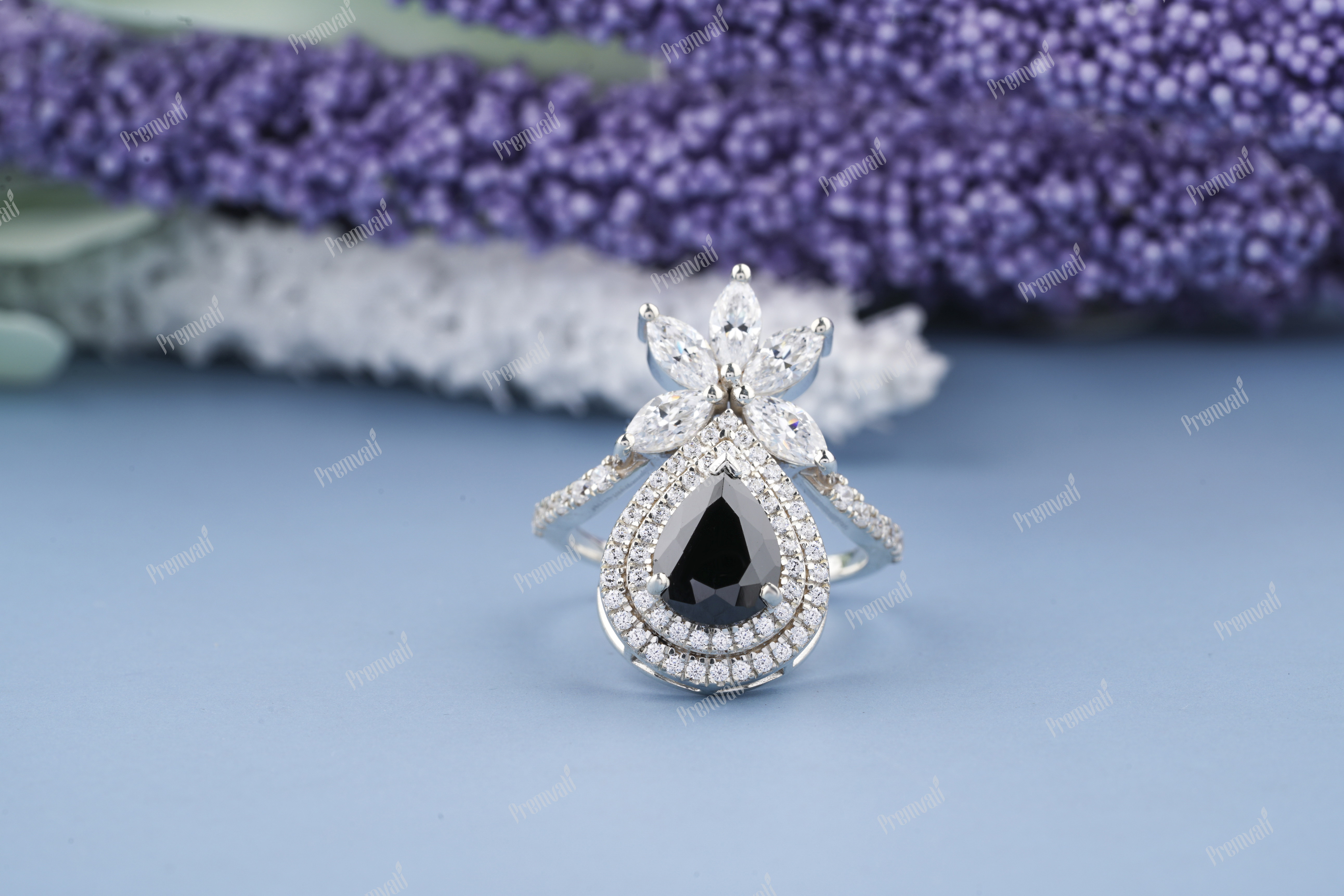 Pear Shaped Black Onyx Engagement Ring - White Gold Halo, Vintage Style With Twisted Diamond Accents And Vvs1 Clarity