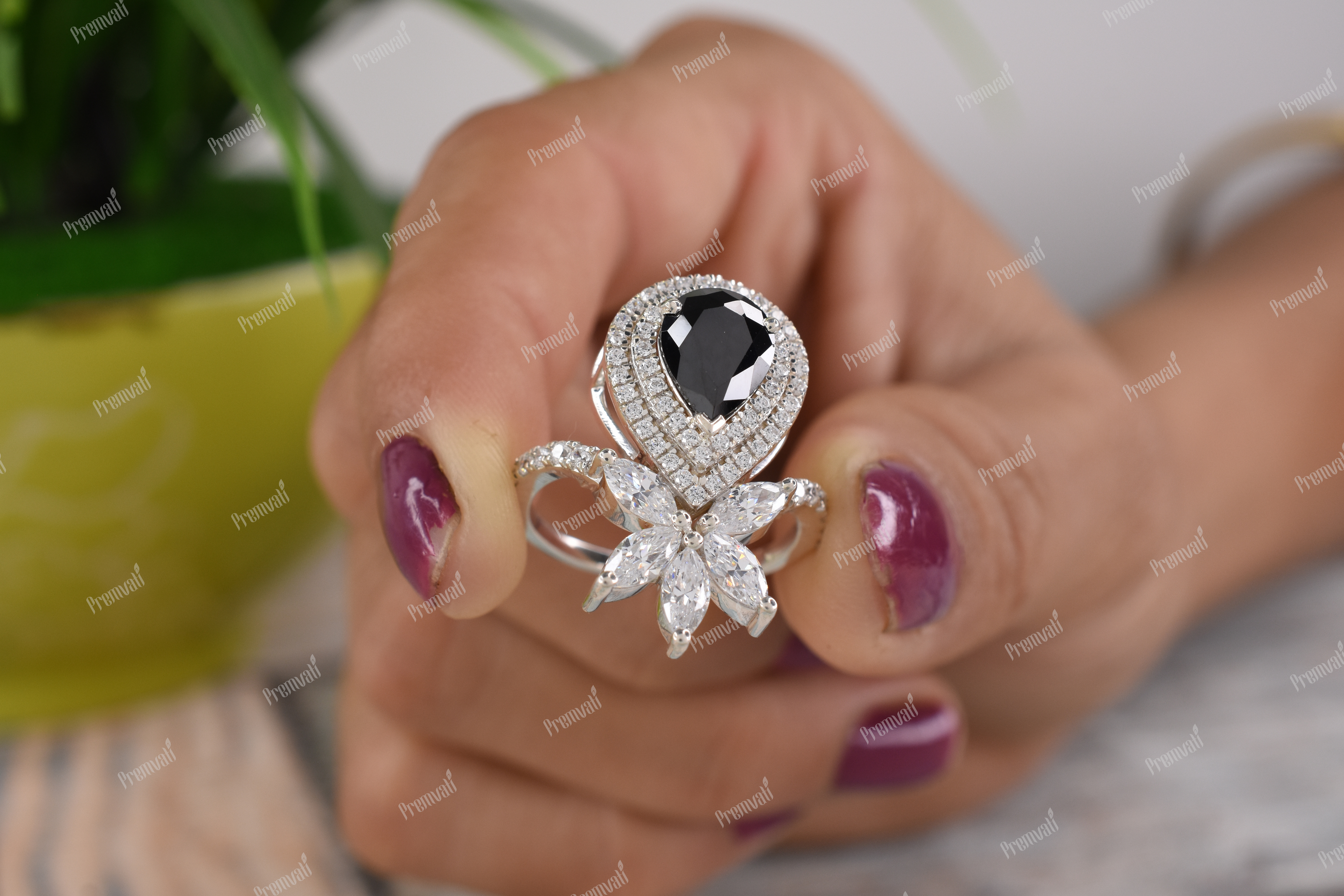 Pear Shaped Black Onyx Engagement Ring - White Gold Halo, Vintage Style With Twisted Diamond Accents And Vvs1 Clarity