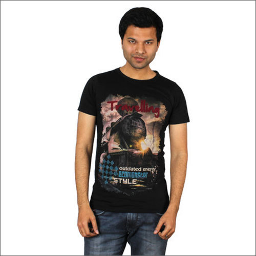 Men Casual Printed T-Shirt - Cotton Fabric, Black Color, O-Neck Collar, Short Sleeve Style
