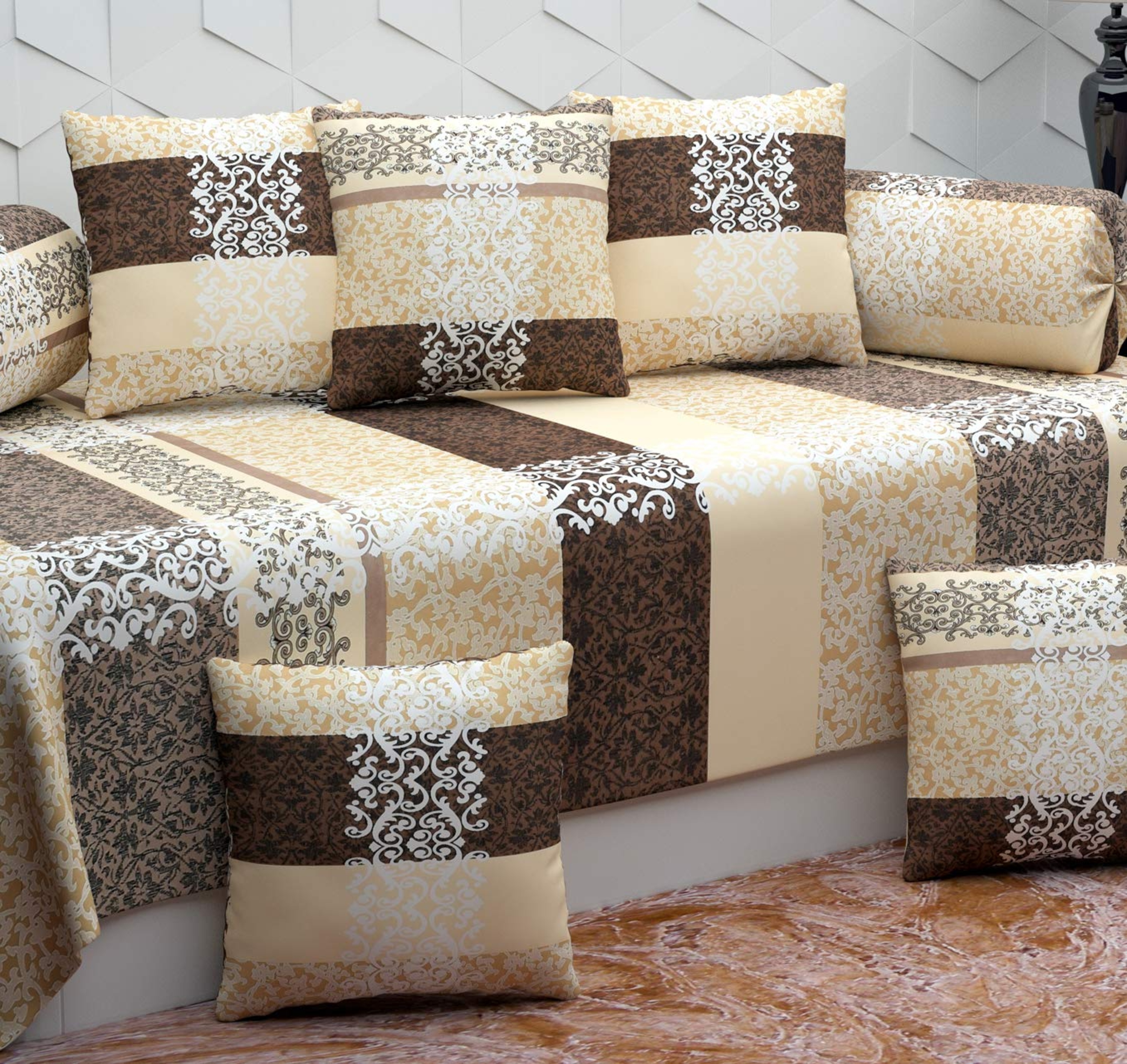 Micro Fabric Soft Designer Diwan Set - 100% Cotton, Royal Golden Abstract Color | Printed Pattern, 20x30 Inch Pillowcases, Washable Fabric