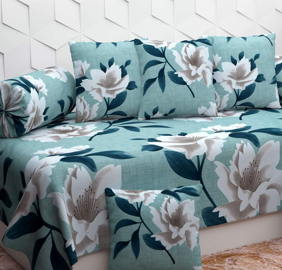 Micro Fabric Soft Designer Diwan Set - 100% Cotton, 100x100 Inches, Parrot And White Color | Washable, Printed Pattern, Includes 20x30 Inches Pillowcases