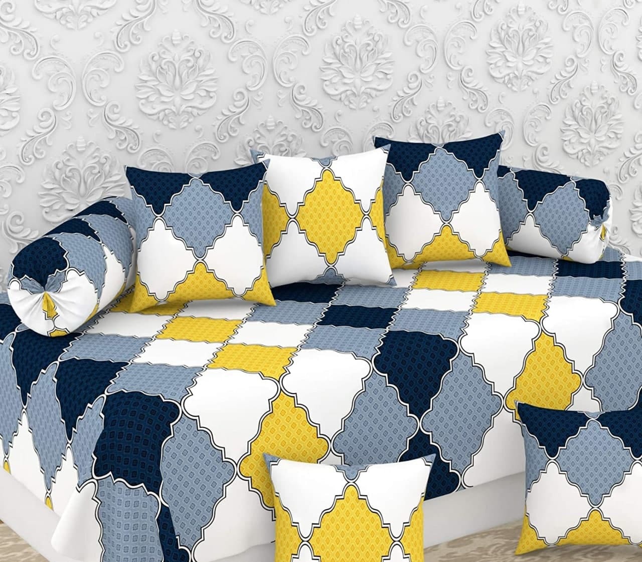 Micro Fabric Soft Designer Diwan Set - 100% Cotton, 20x30 Inches Pillowcase | Yellow Grey Abstract, Washable, Printed Design, 725g Weight