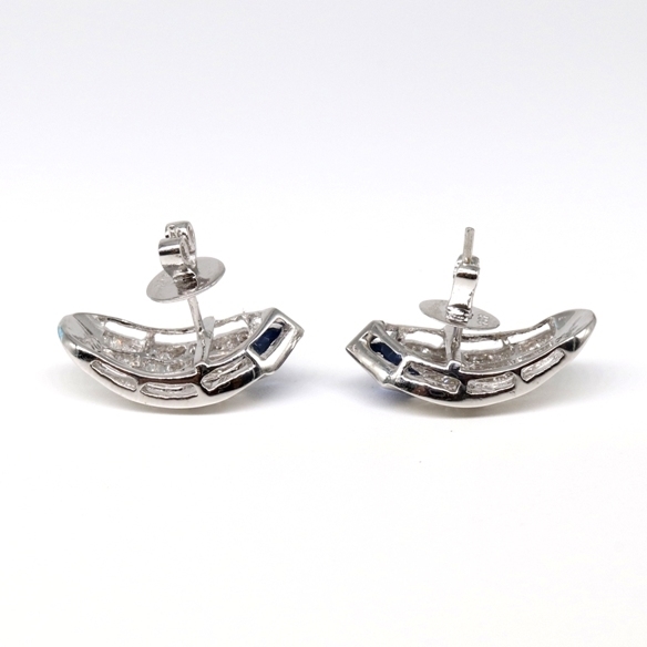 Natural Blue Sapphire & Diamond Earrings - 14k White Gold, Handmade Jewellery With Baguette Cut Diamonds & Princess Cut Sapphires