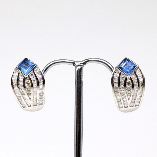 Natural Blue Sapphire & Diamond Earrings - 14k White Gold, Handmade Jewellery With Baguette Cut Diamonds & Princess Cut Sapphires