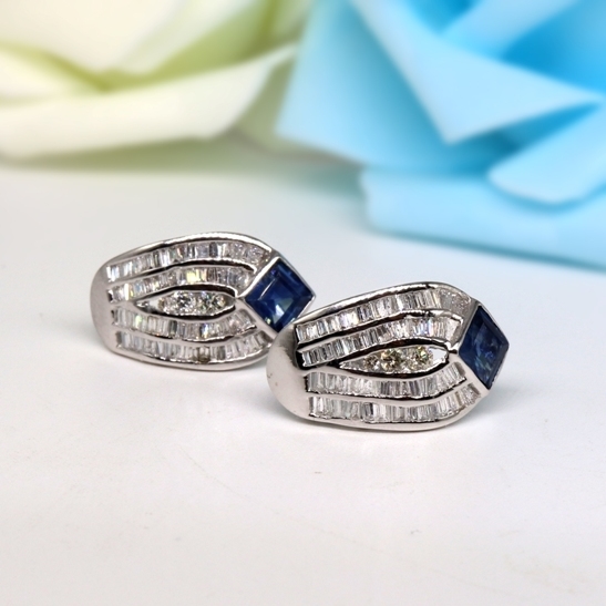 Natural Blue Sapphire & Diamond Earrings - 14k White Gold, Handmade Jewellery With Baguette Cut Diamonds & Princess Cut Sapphires