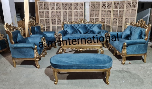 Designer 7 Seater Sofa Set - Solid Wood & Velvet, Antique Gold Eco-Friendly Handmade Artwork, Indoor Indian Style, Hand Painted Finish