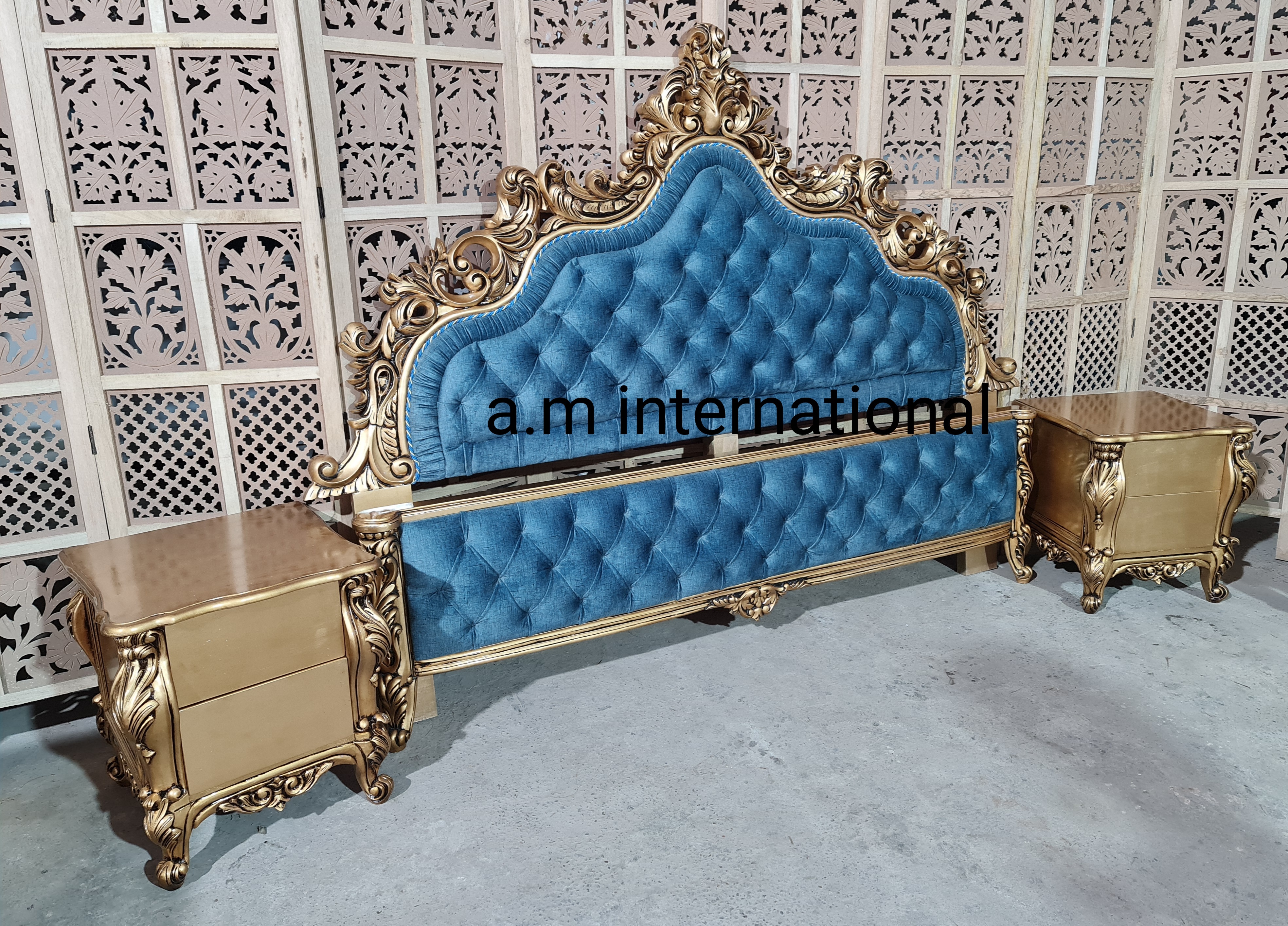Wooden Bedroom Set - Solid Teak, Handmade Antiqe Gold Finish | Eco-friendly, Velvet Upholstery, No Assembly Required