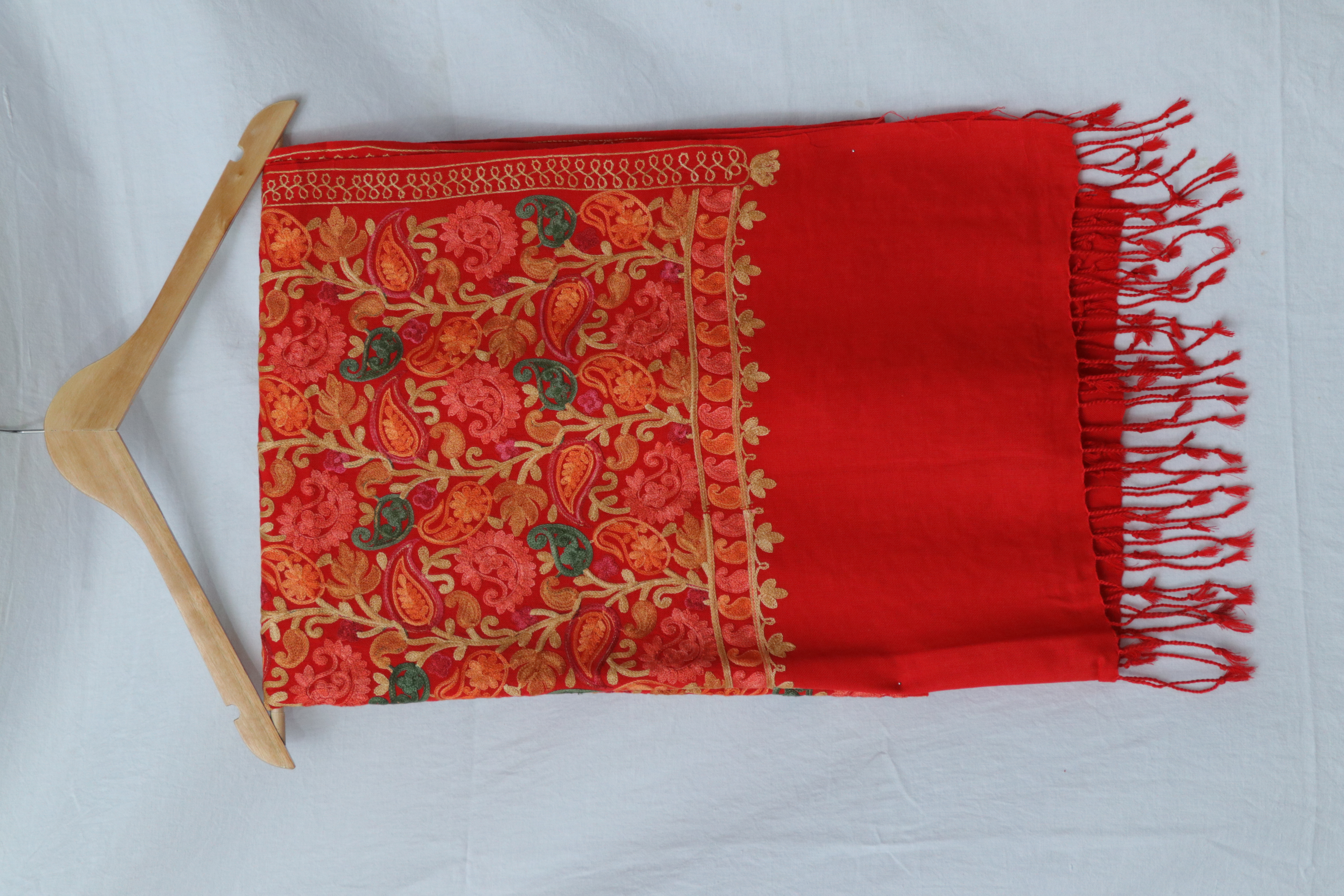 Woolen Stole - 200x70 Cm, Red Wool With Fringe | Extra Soft Pashmina Hand Feel, 100% Naturally Fiber Dyed, Aari Embroidery Design