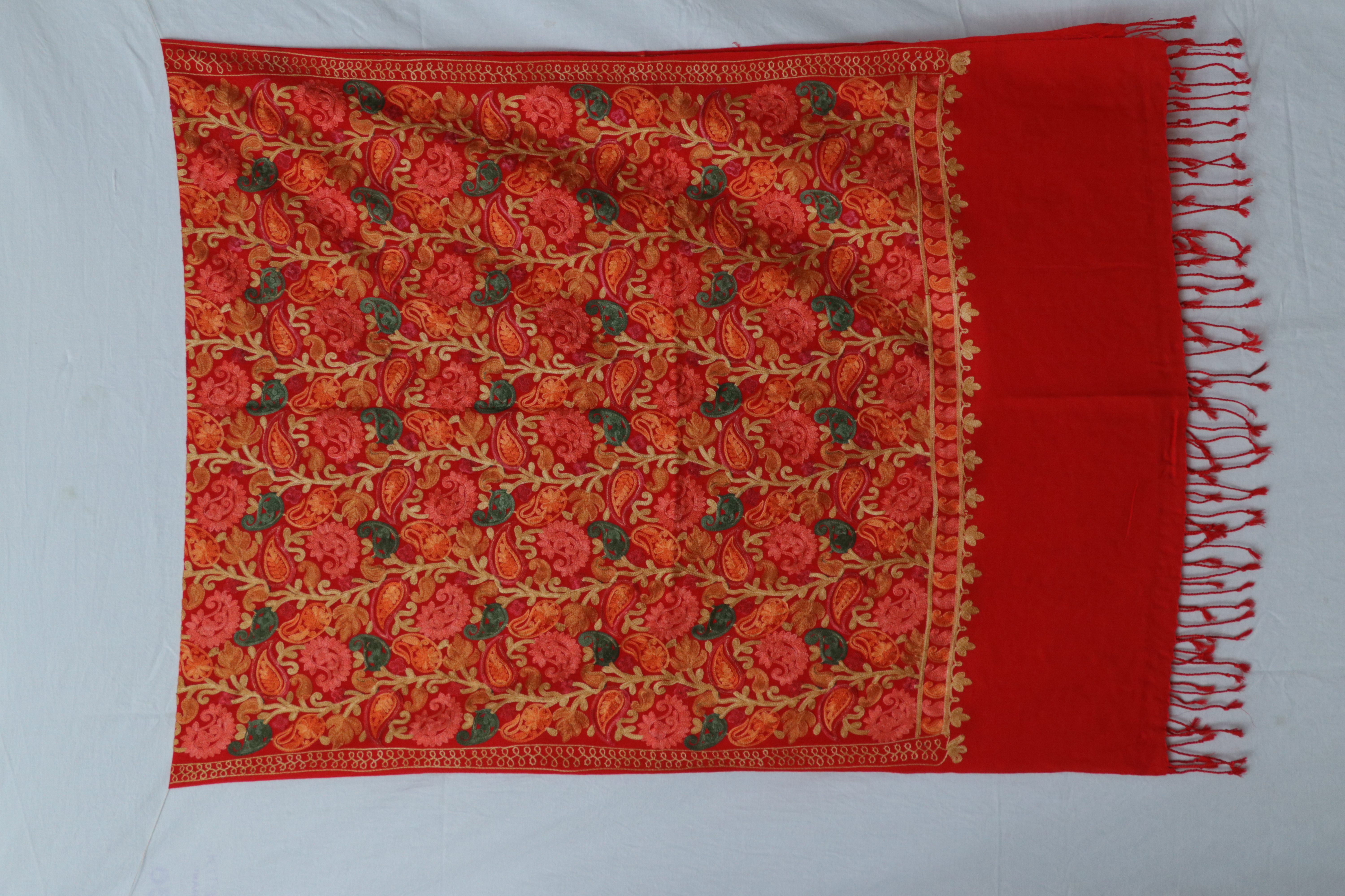 Woolen Stole - 200x70 Cm, Red Wool With Fringe | Extra Soft Pashmina Hand Feel, 100% Naturally Fiber Dyed, Aari Embroidery Design