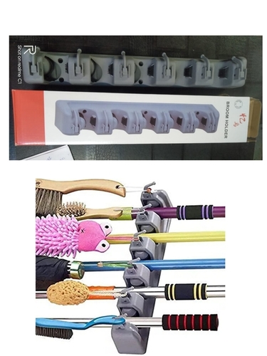 Mop And Broom Holder - Plastic | 4-Slot Design with 4 Friction Grips and 5 Hooks for Organizing Long Handled Tools Efficiently