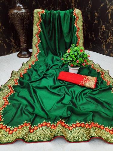 Designer Saree - Vichitra Silk, 6.3 Mtrs with Big Embroidery Border, Multi Color, Laces Closure, Embroidered Pattern, Bollywood Style, Patch Work