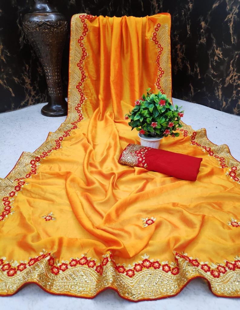 Designer Saree - Vichitra Silk, 6.3 Mtrs With Big Embroidery Border, Multi Color, Laces Closure, Embroidered Pattern, Bollywood Style, Patch Work