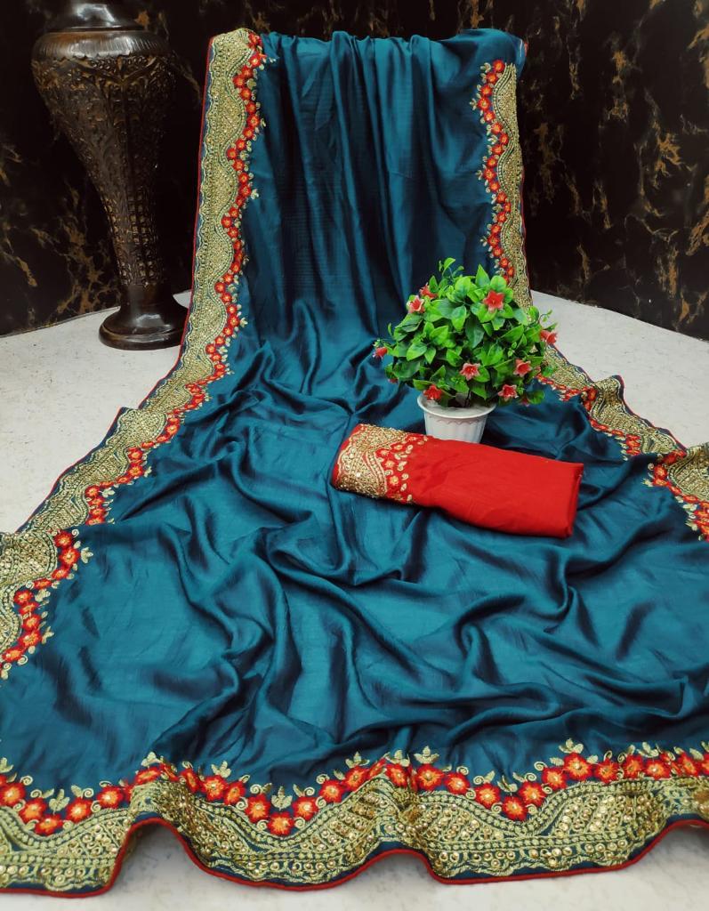 Designer Saree - Vichitra Silk, 6.3 Mtrs With Big Embroidery Border, Multi Color, Laces Closure, Embroidered Pattern, Bollywood Style, Patch Work