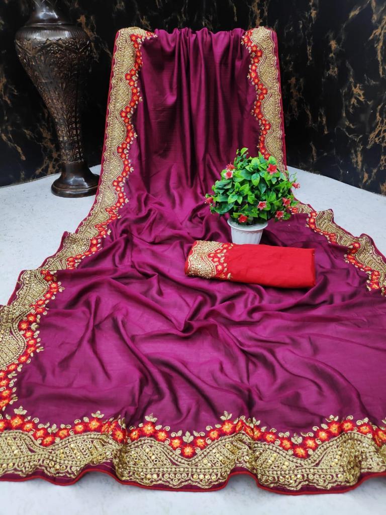 Designer Saree - Vichitra Silk, 6.3 Mtrs With Big Embroidery Border, Multi Color, Laces Closure, Embroidered Pattern, Bollywood Style, Patch Work