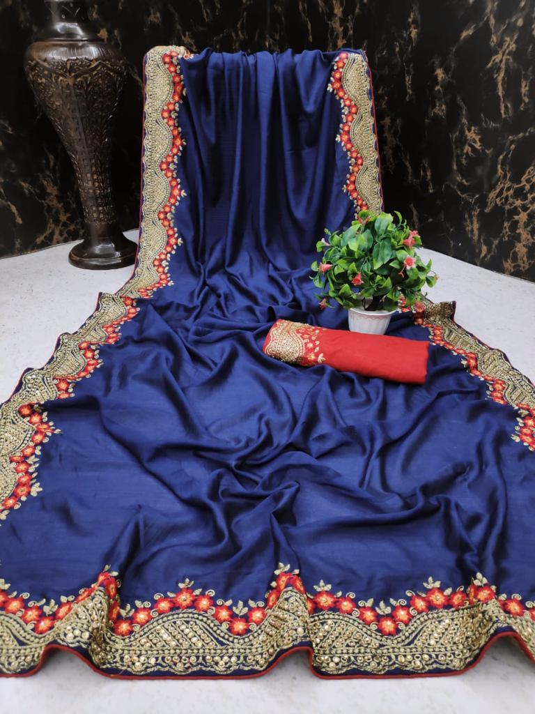 Designer Saree - Vichitra Silk, 6.3 Mtrs With Big Embroidery Border, Multi Color, Laces Closure, Embroidered Pattern, Bollywood Style, Patch Work