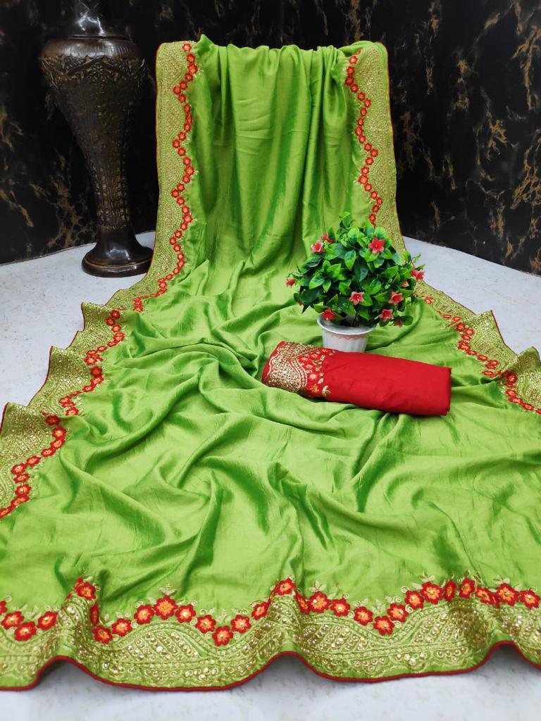 Designer Saree - Vichitra Silk, 6.3 Mtrs With Big Embroidery Border, Multi Color, Laces Closure, Embroidered Pattern, Bollywood Style, Patch Work