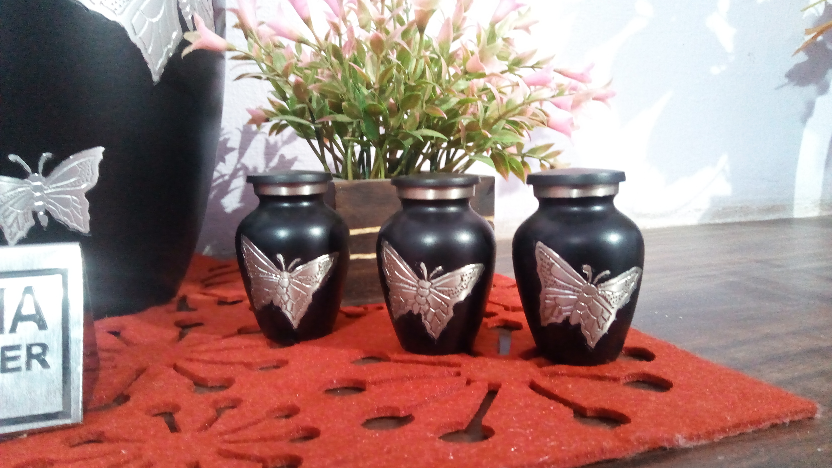Brass Butterfly Engraved Black Keepsake Urn Funeral Supplies